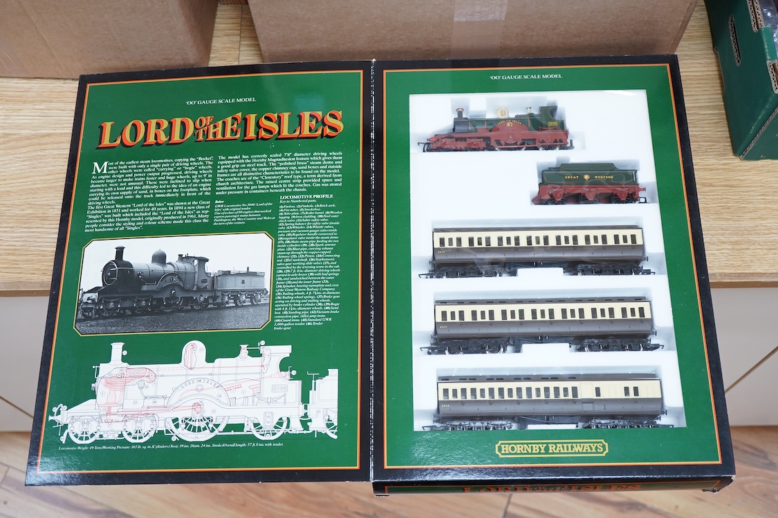 A boxed Hornby Railways 00 gauge GWR Lord of the Isles train pack, comprising of a 4-2-2 tender locomotive and three chocolate and cream coaches